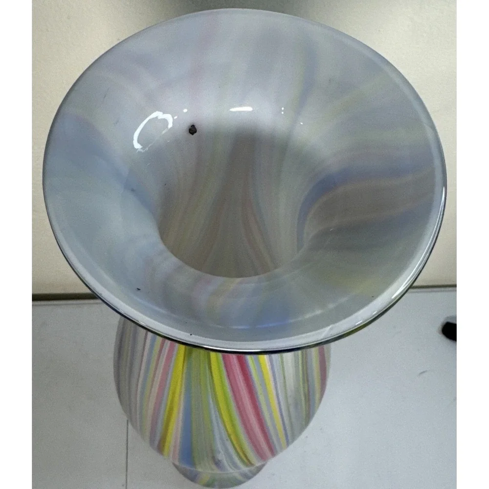 Hand Blown Rainbow Striped Art Glass Vase Tall Hourglass Multicolor 18.5 Inch